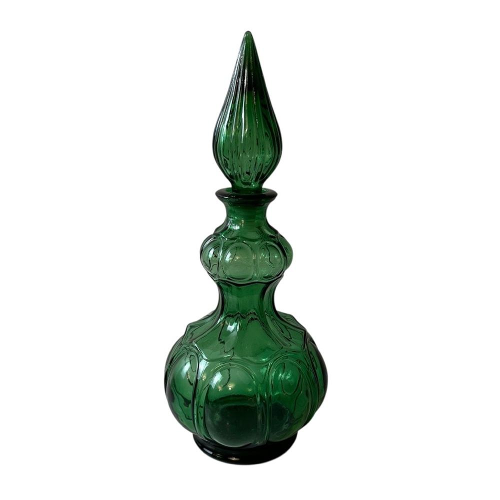 Vintage 60's MCM Green Glass Corset Decanter - Genie Bottle